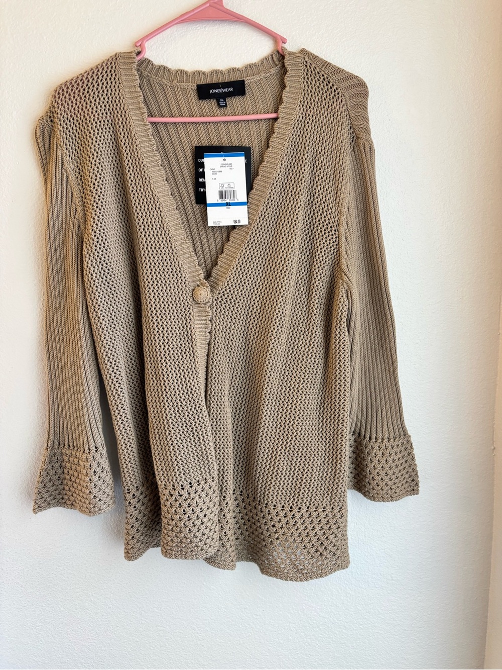 Jones Wear Cardigan Sweater Womens XL Beige Open Knit Button Front NWT